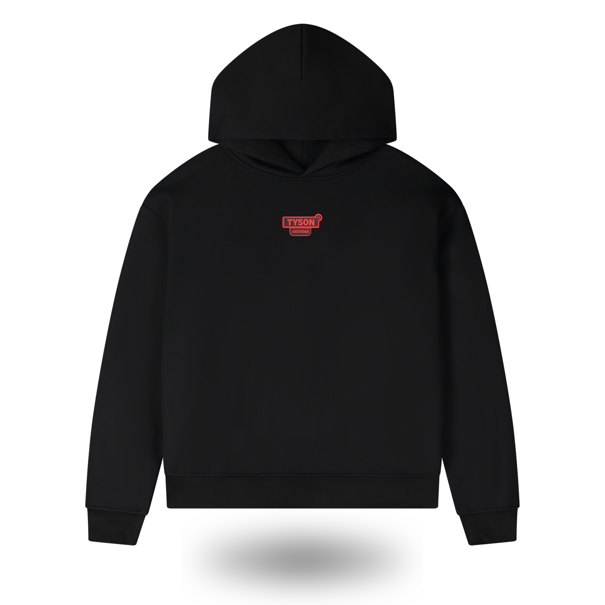 Black hoodie with a red and white logo on a white background