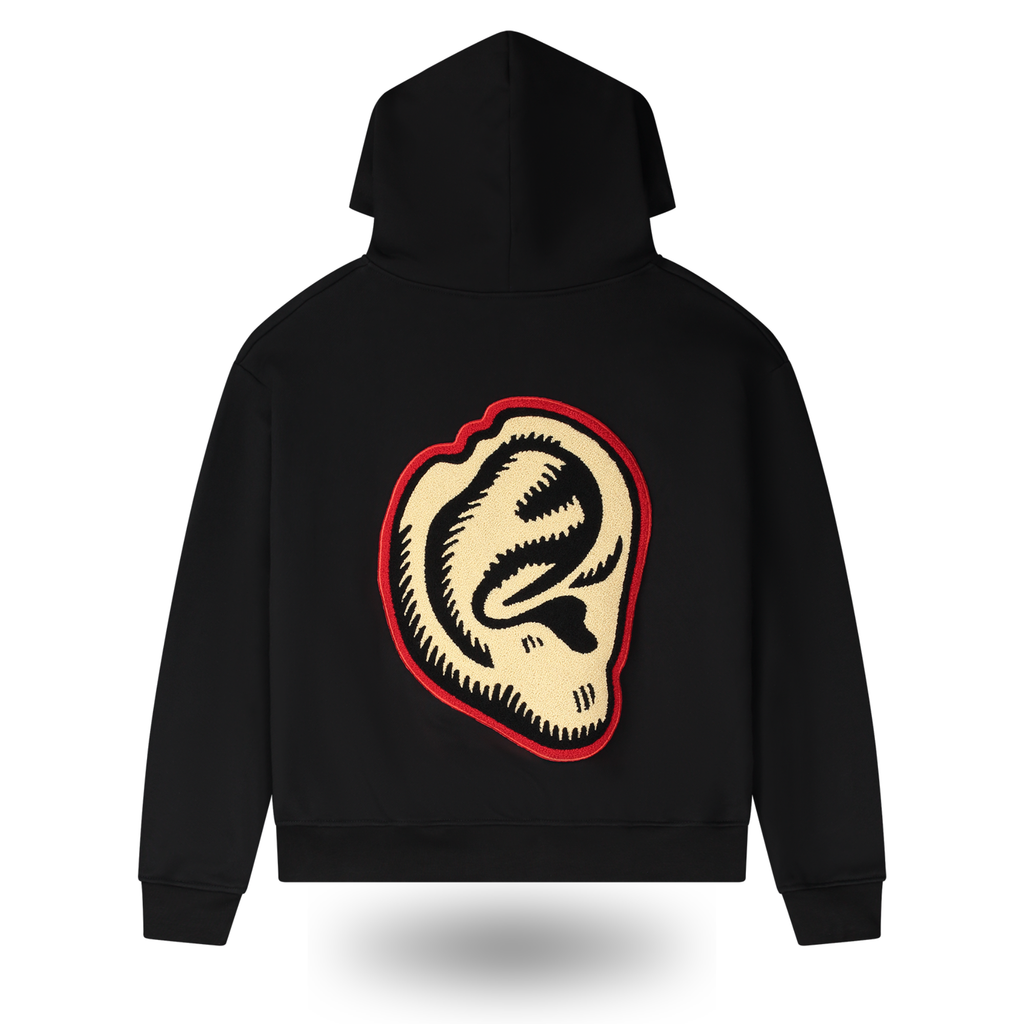 Black hoodie with a unique design on the back against a white background