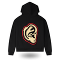 Black hoodie with a unique design on the back against a white background