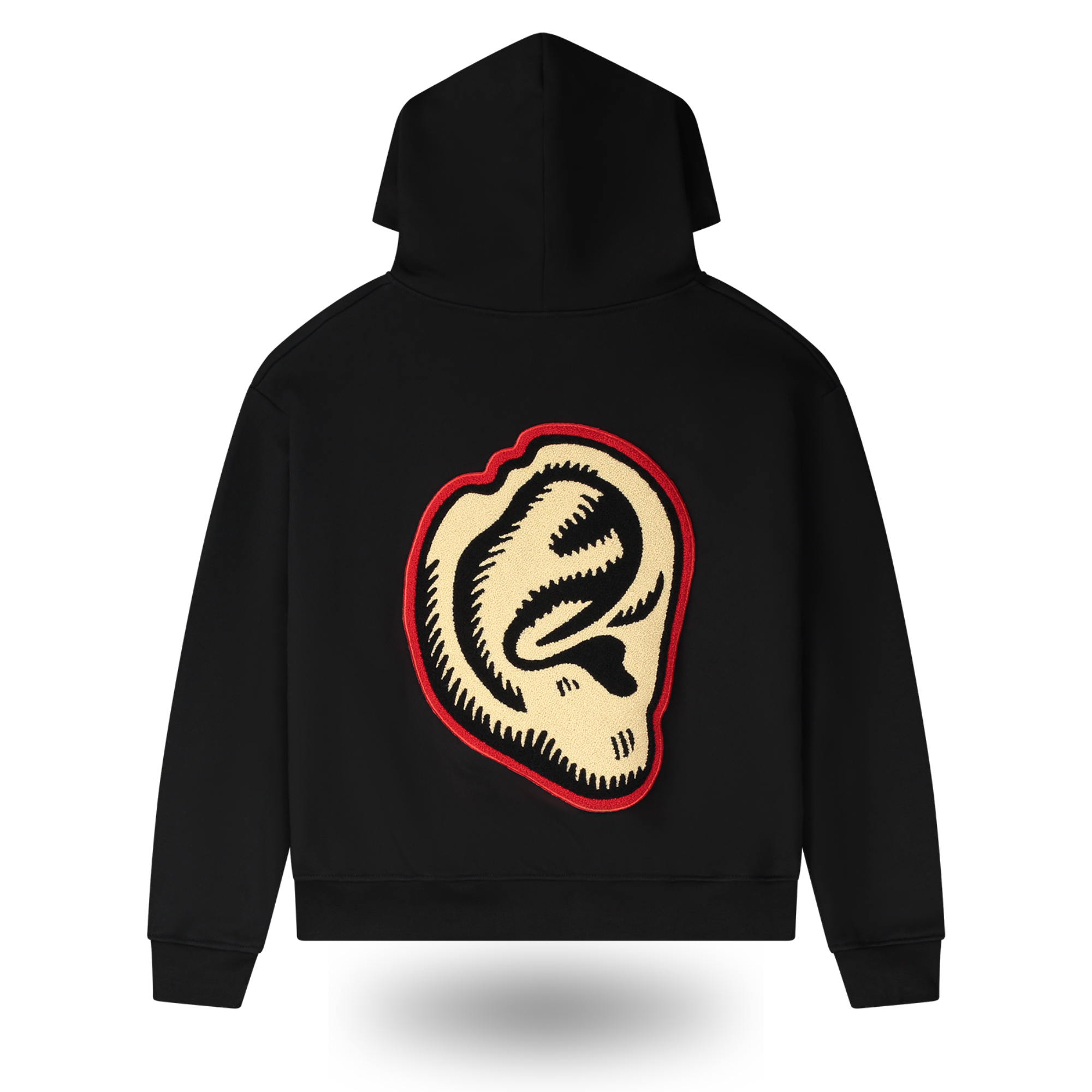 Black hoodie with a unique design on the back against a white background