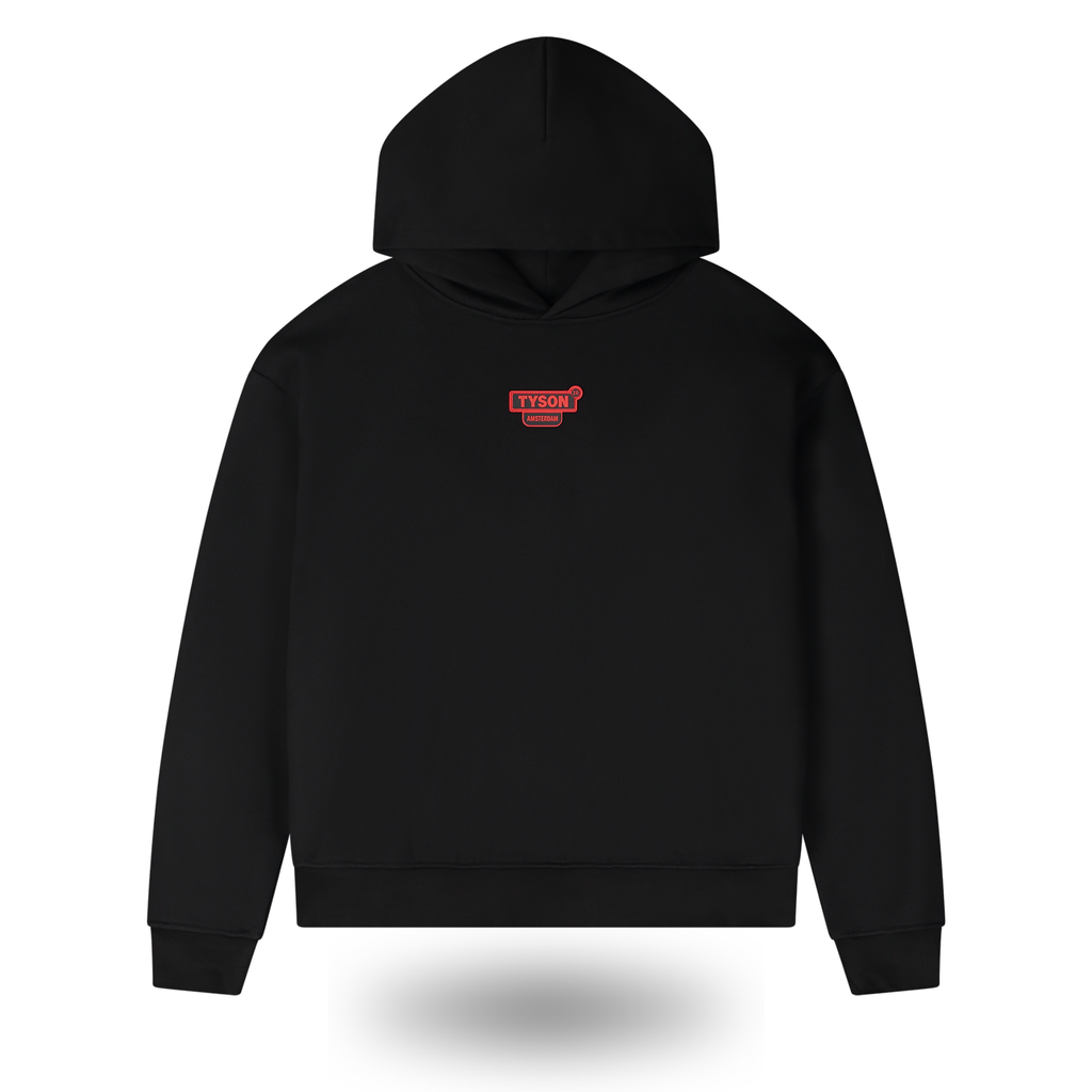 Black hoodie with a red and white logo on a white background