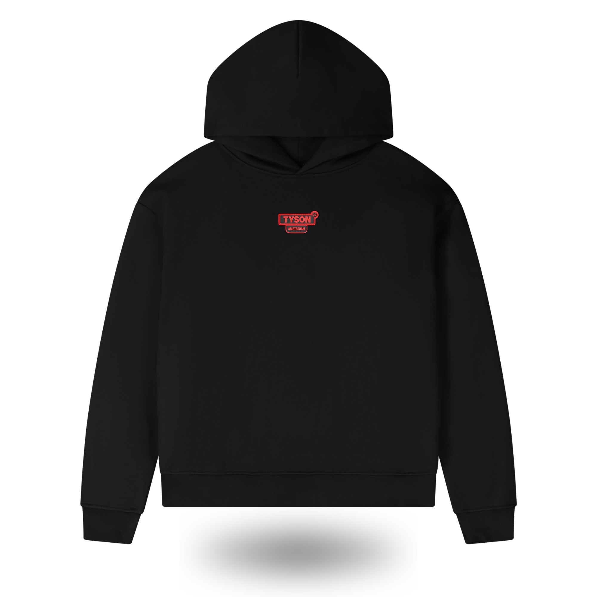 Black hoodie with a red and white logo on a white background
