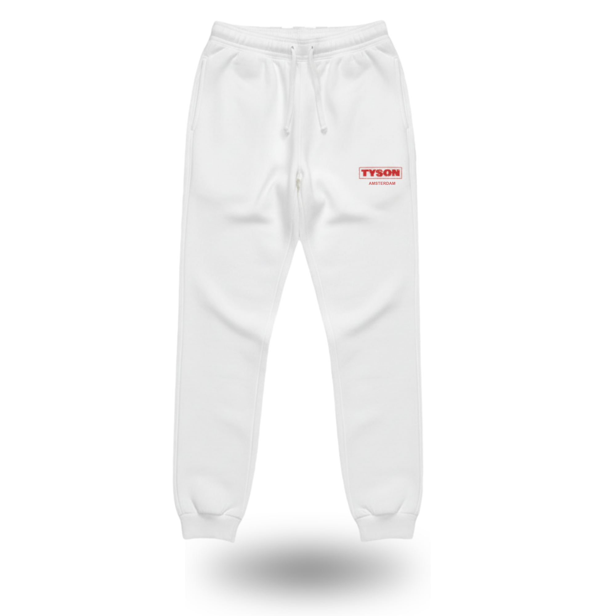 White sweatpants with a red and black logo on a white background